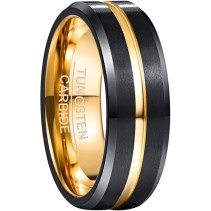 Czarna męska obrączka z węglika wolframu z eleganckim złotym środkiem, 8 mm szerokości