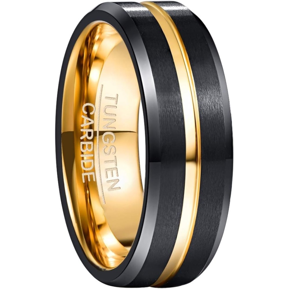 Czarna męska obrączka z węglika wolframu z eleganckim złotym środkiem, 8 mm szerokości