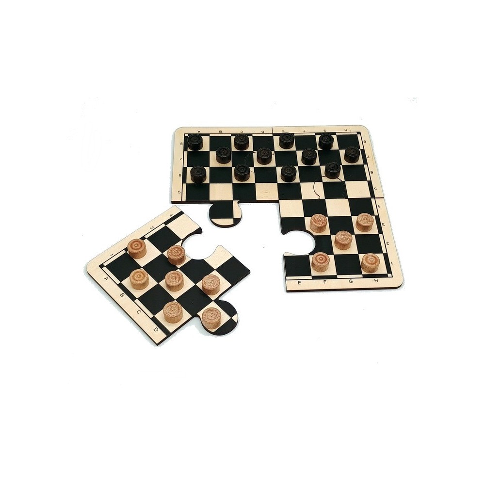 Drewniane warcaby puzzle – plansza z czarno-białych elementów i pionki w dwóch kolorach.